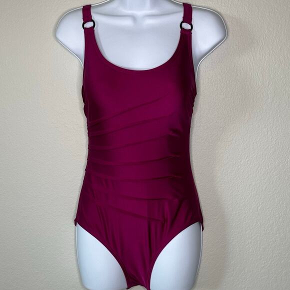 NWOT DKNY Magenta Satin-Look Ruched Pintucked Sunburst 1-Piece Swimsuit – Size S - Picture 2 of 8